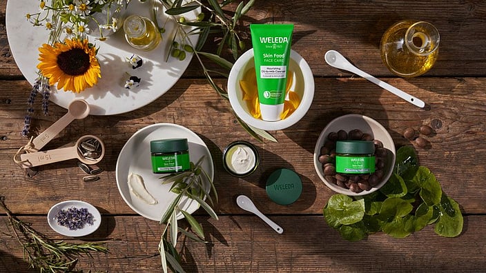 Skinfood face care range on table with other ingredients