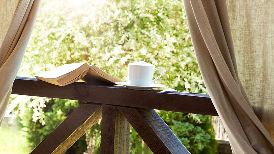 Book, cup of tea at a window showing nature outside